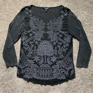 Lucky Brand Women's LS Acid Wash Black Embroidered Western Boho Top Size M
